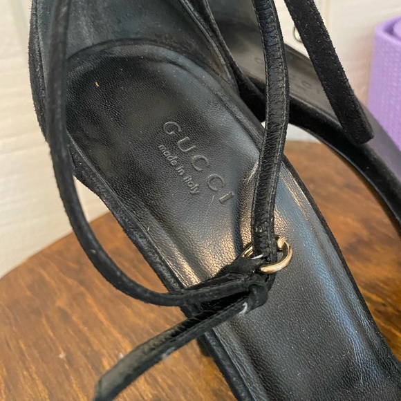 Gucci Black Suede Ankle Strap Peep Toe Bamboo Heel Stilettos Size EU 39.5 US 9.5 - Picture 2 of 9